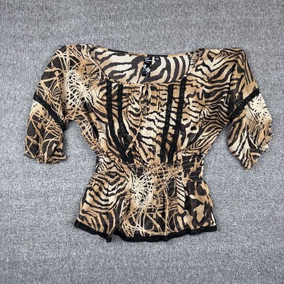 Vintage‎ Guess Tiger Blouse Women's Large Animal Print Long Sleeve Pleated Y2K - Picture 1 of 7